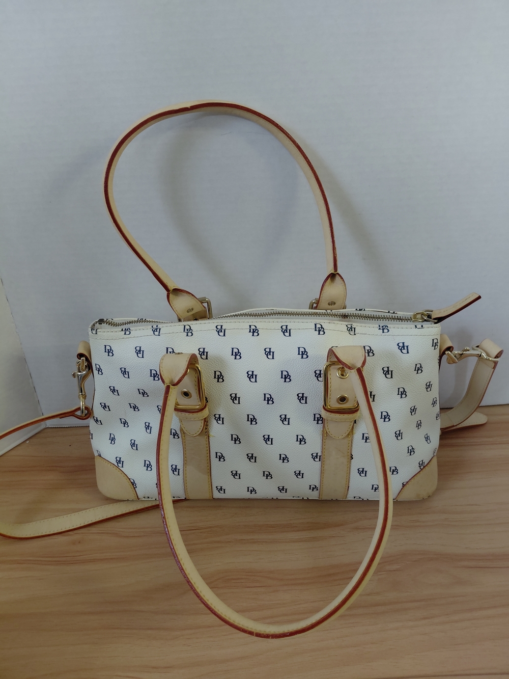 Dooney & Bourke Cream Monogram Satchel with Tan Trim and Navy Logo